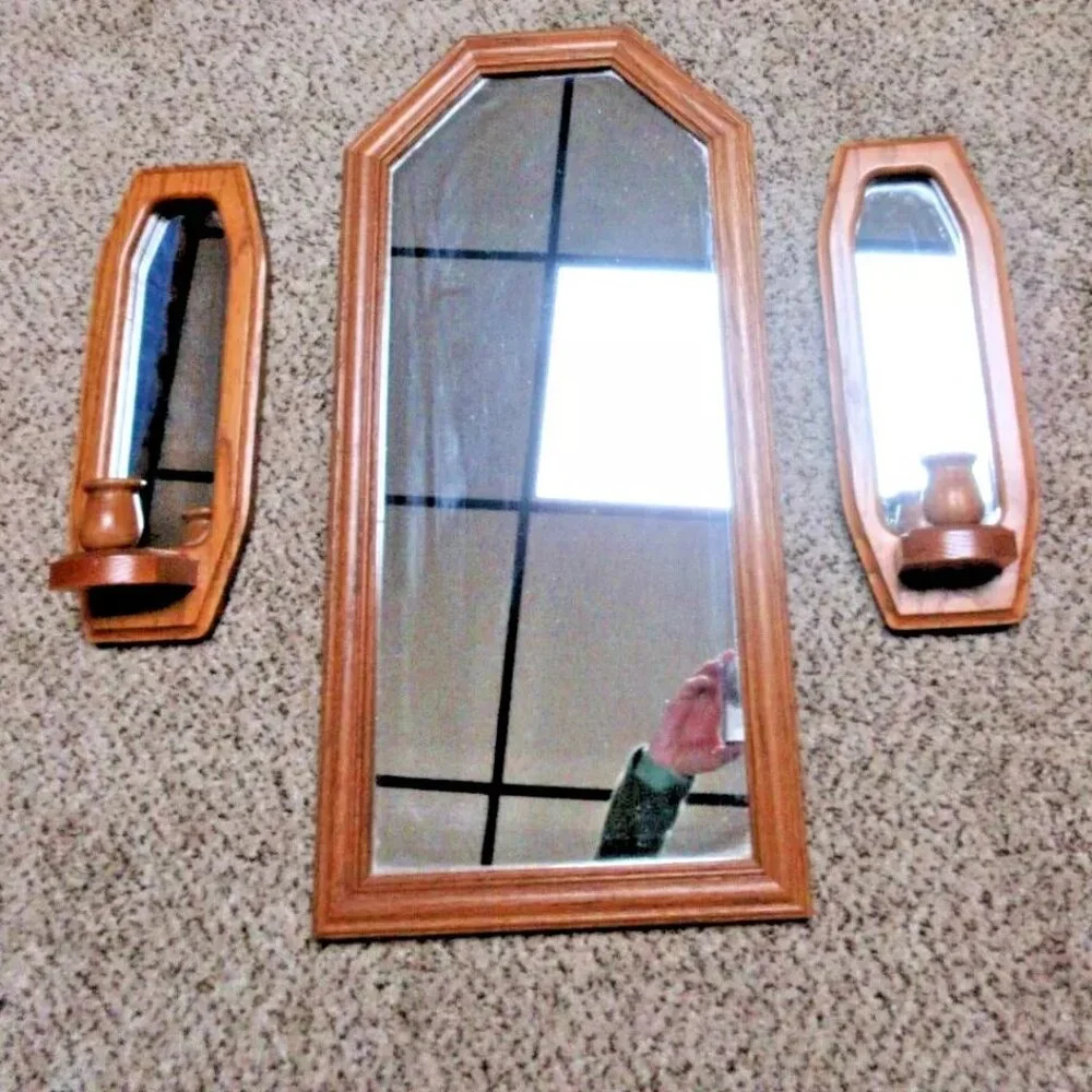 Home Interiors Oak Mirror With 2 Candle Sconces
